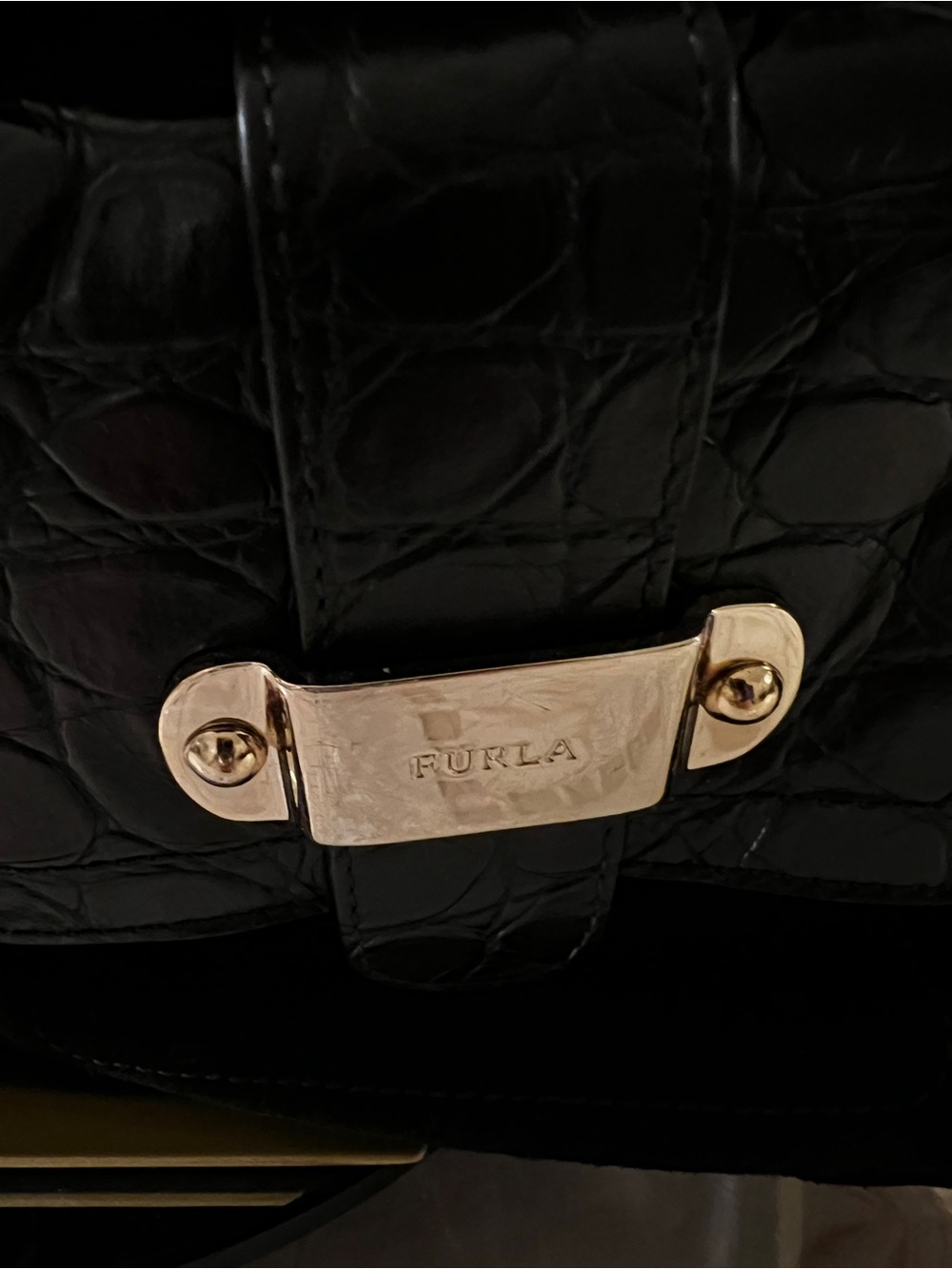 Furla Black Suede Croc Embossed Leather Shoulder Satchel Bag - Picture 3 of 14